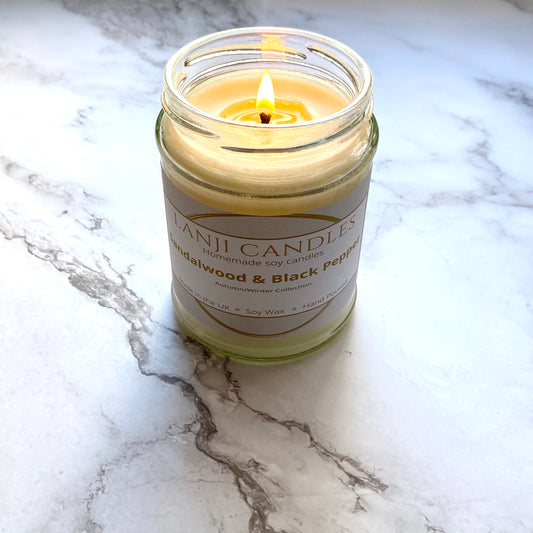 Sandalwood & Black Pepper Scented Soy Wax Candle. - Lanji Candles